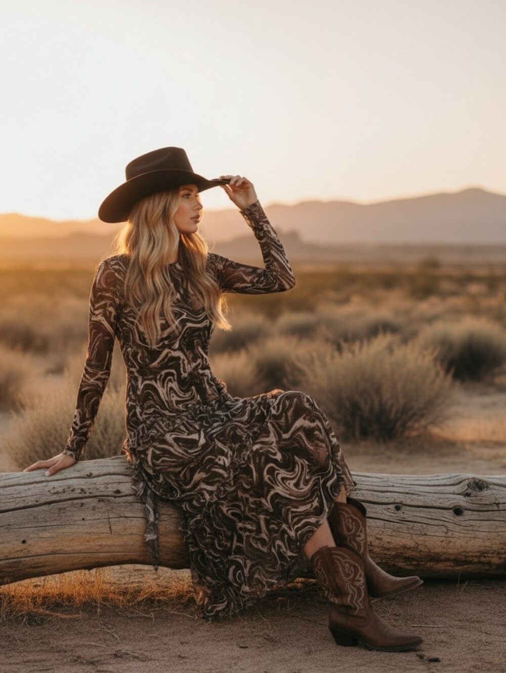 Easel Los Angeles NWT Brown Swirl Mesh Long Sleeve Ruffle Maxi Dress - Picture 2 of 6
